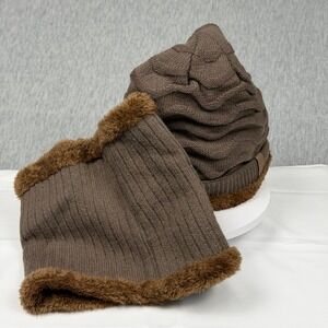 Vita Culina Brown Knit Beanie & Neck Warmer Set Faux Fur Lined Winter Hat